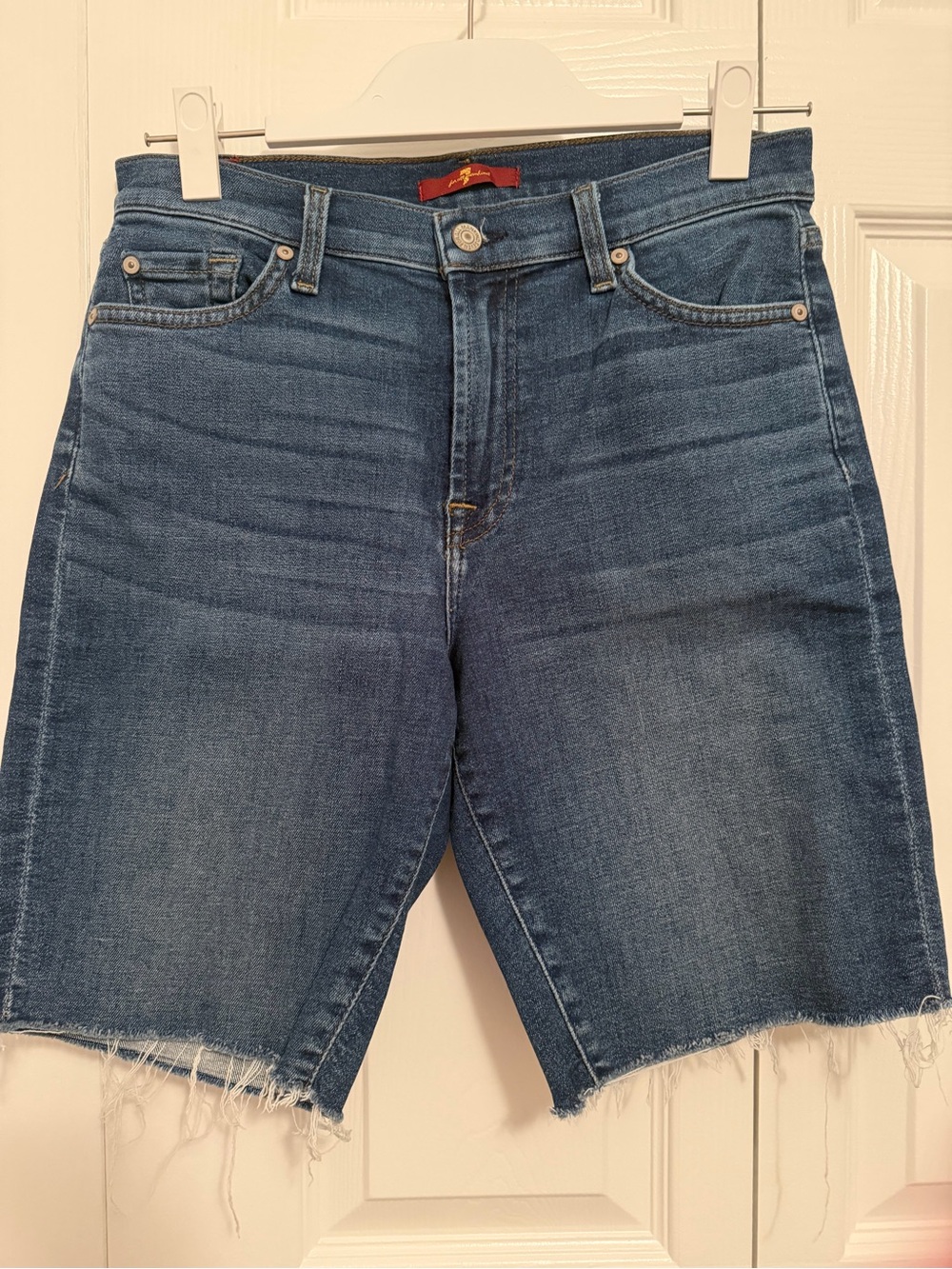 7 For All Mankind Blue Frayed Hem Denim Bermudas